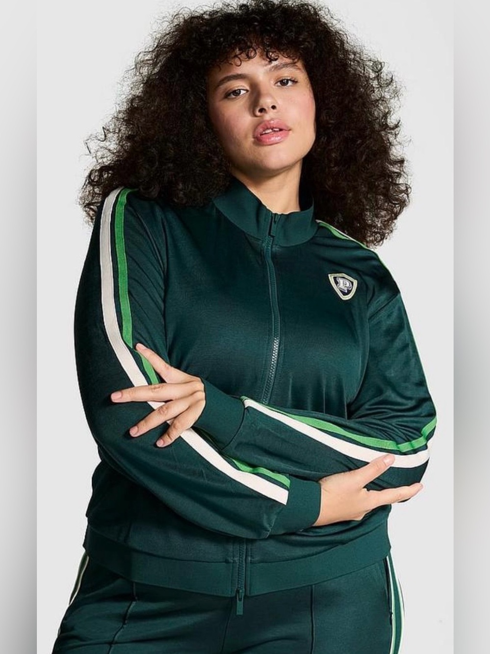 PINK Victoria's Secret Dark Green Track Jacket with Light Green Stripes Sz M
